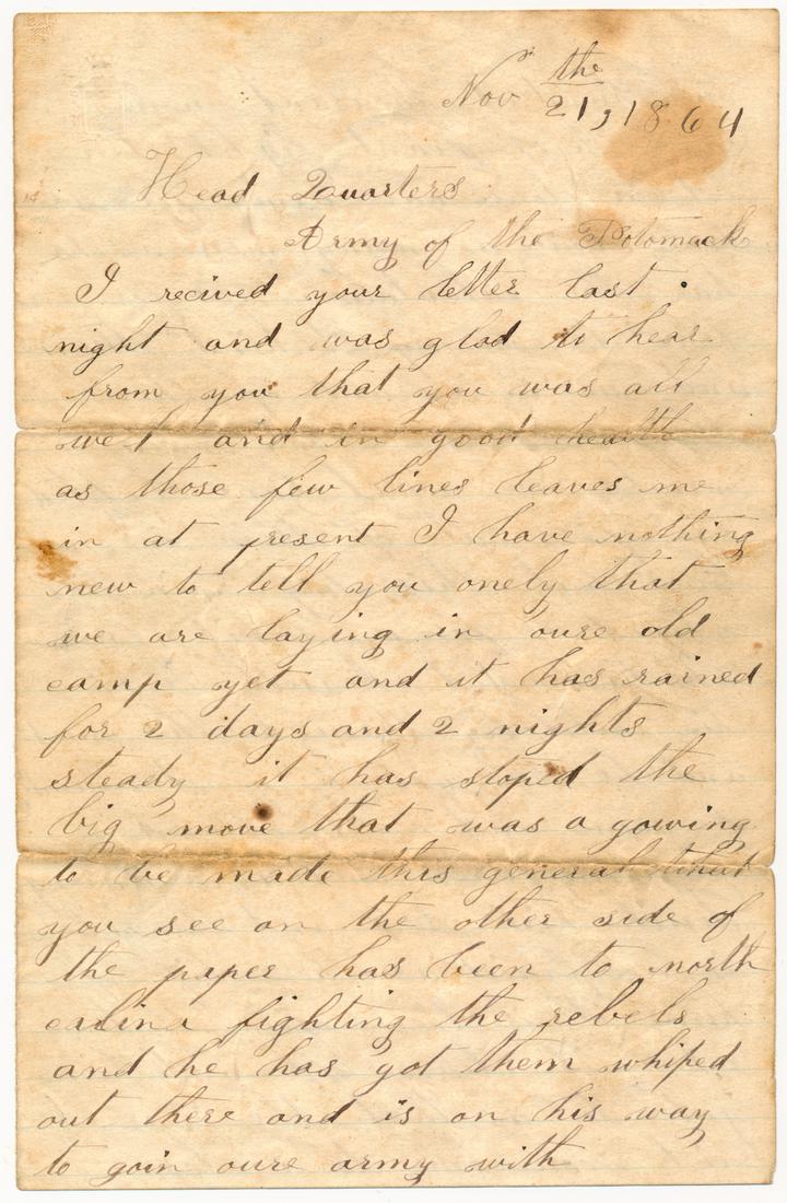 ENGINEER PRAISES UNION CAVALRY GENERAL PHILIP SHERIDAN: Good content A.L.S., 4pp. 8vo.,"Headquarters"Â, Nov. 21, 1864, from Union Army soldier John Houston, Co. H., NY 50th Engineers, to his brother Thomas, idolizing Philip Sheridan and his brigade. In pa