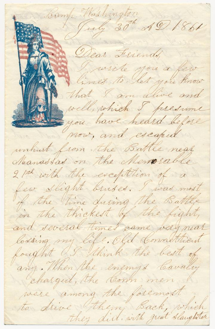 LETTER FROM CONNECTICUT SOLDIER AFTER THE BATTLE OF: Good-content Union soldier's letter on patriotic letterhead, 3pp. 8vo., Camp Washington, July 30, 1861, a letter from Union soldier George F. Tillinghast, Co. B, CT 2nd Infantry, providing family and 