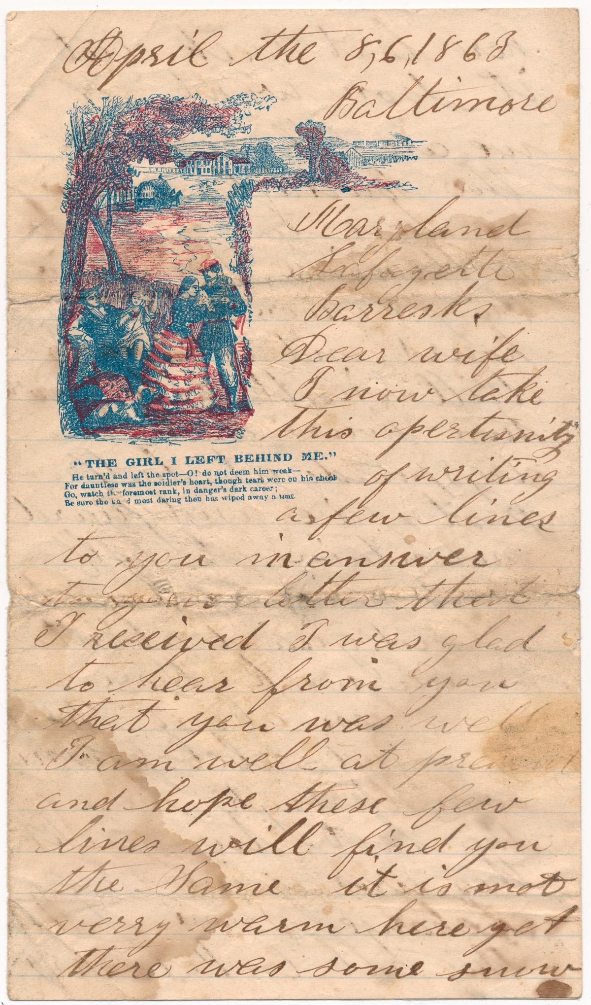 SOLDIER FROM UNION BARRACKS WRITES OF CONFEDERATE: A.L. (unsigned) on patriotic letterhead, 4pp. 8vo., Lafayette Barracks, Baltimore, MD, Apr. 8, 1863, from an unnamed soldier to his wife, writing about his busy days at the barracks, in part:"...have 