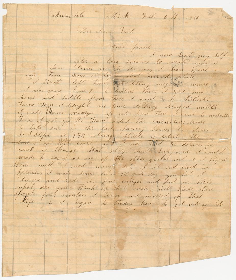 SOUTHERN PROSTITUTE JOINS THE UNION ARMY: Fascinating content A.L.S. in pencil, 4to. 4pp., Ausable, MI, Feb. 6, 1866, written by V.A. White to a Mrs. Jane Trail. The writer tells of being wrongfully accused of"bad conduct"Â in her hometown o