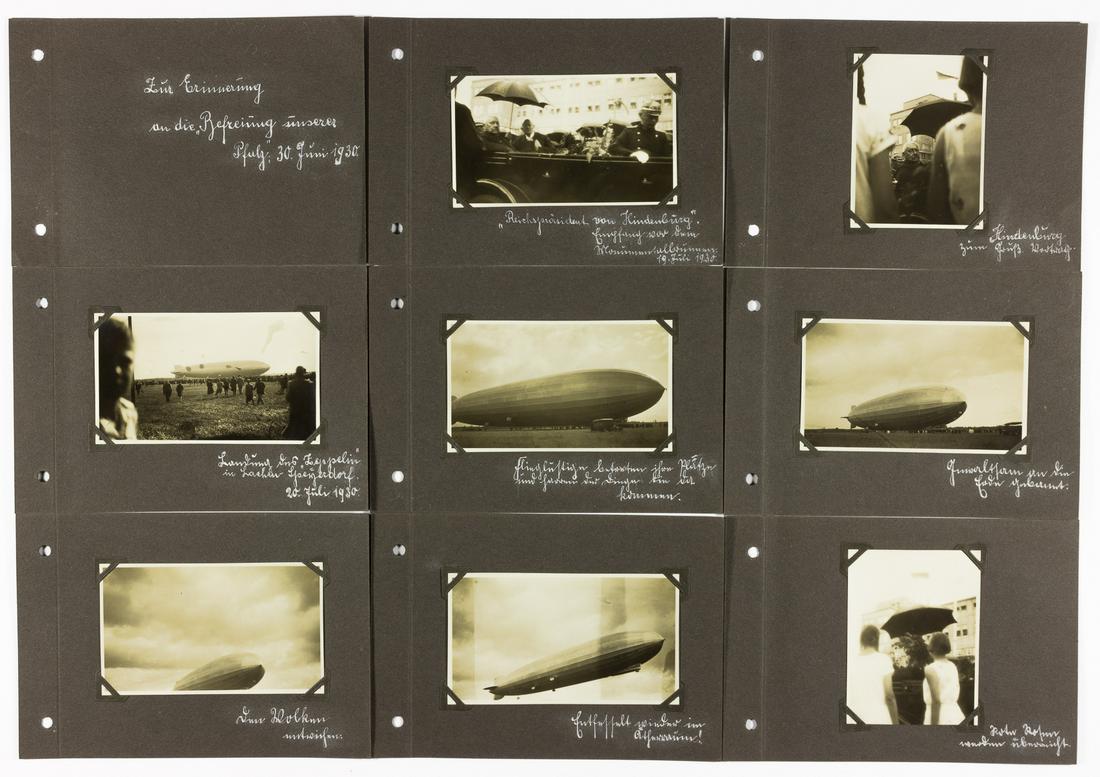 ZEPPELIN PHOTO GROUPING: Lot of seven original photographs of the passenger airship Graf Zeppelin (5) and German president Paul von Hindenburg (2). The photos, mounted with corners to disbound album pages, are each 4.25 x 2.5