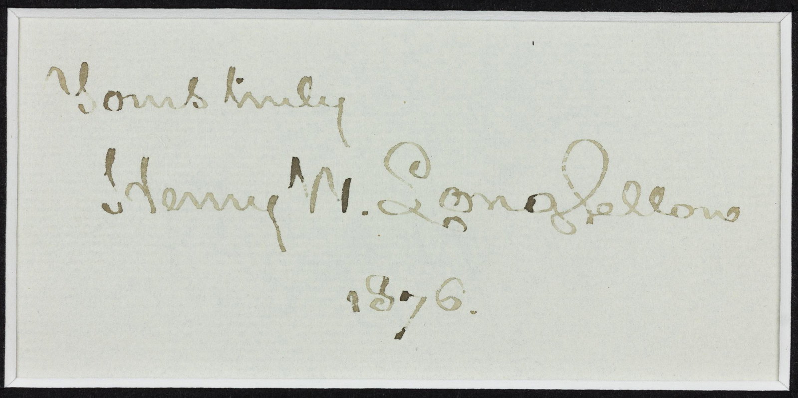 HENRY WADSWORTH LONGFELLOW: (1807 - 1882) American poet and educator whose works include "Paul Revere's Ride", The Song of Hiawatha, and Evangeline. Signature likely cut from a document, 4.5 x 2 in. (sight), nicely double-matted