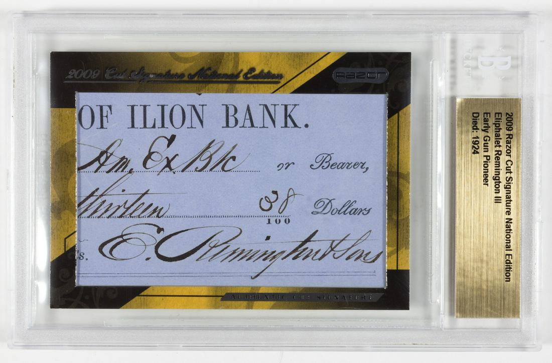 ELIPHALET REMINGTON, JR. RAZOR CARD: (1828 - 1924) American gun manufacturer, a co-owner with brothers Philo and Samuel of E. Remington & Sons gun-makers. Cut signature check, placed in a 2009 Razor Card. Mint condition.