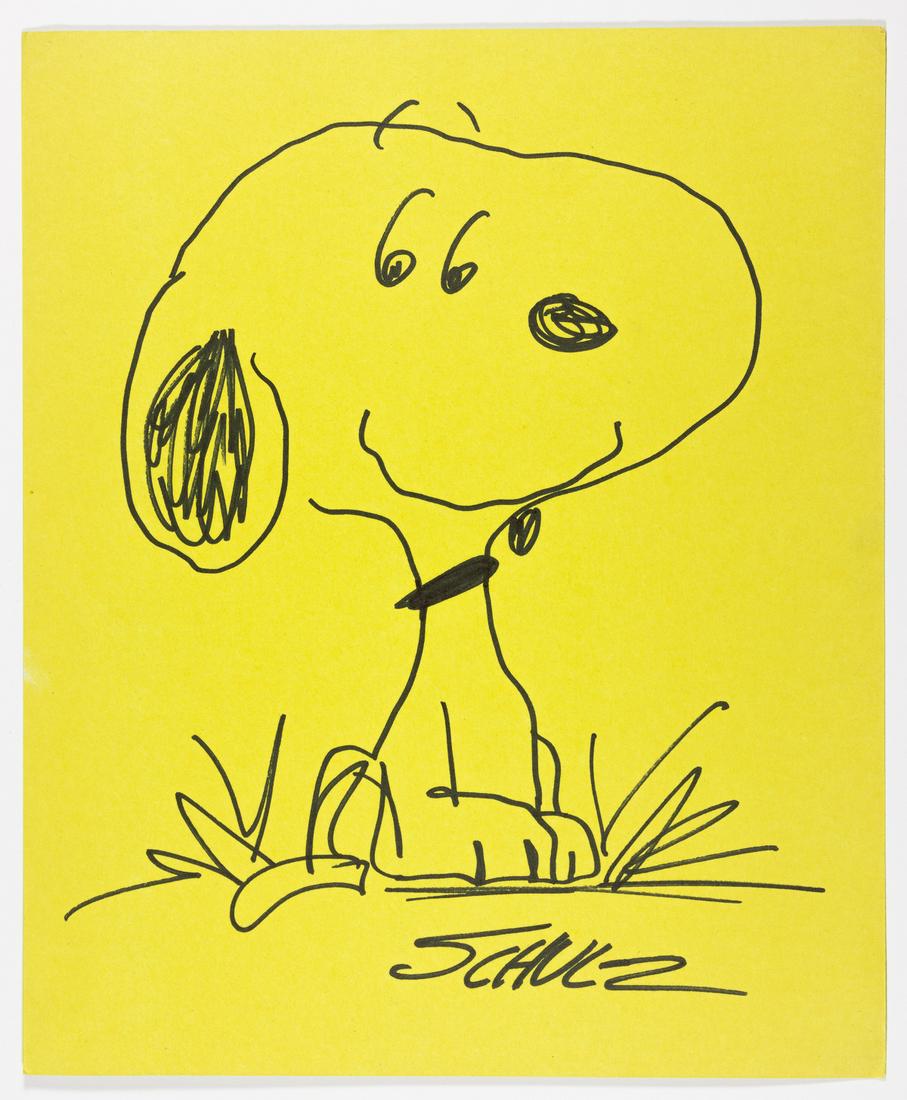 CHARLES M. SCHULZ: (1922 - 2000) American cartoonist and creator of Snoopy, Charlie Brown, and the rest of the Peanuts gang. Original oversize signed sketch on yellow card stock, 11 x 13.25 in., a depiction of "Peanuts"