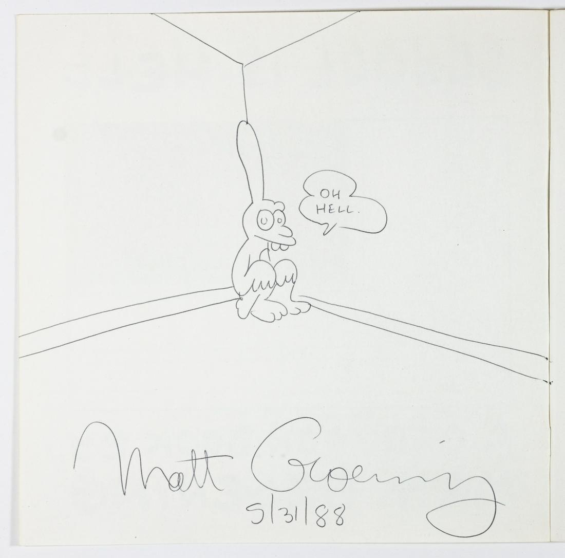 MATT GROENING: American cartoonist, creator of the notorious trouble-maker Bart Simpson. His book of cartoons: "School is Hell", (New York: Pantheon Books), 1988. Inside front cover bears a full-page illustration of