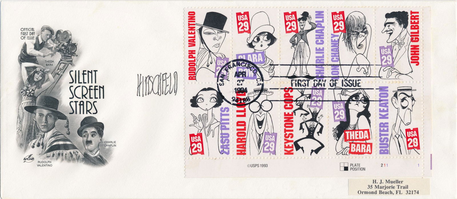 AL HIRSCHFELD: (1903-2003) American artist known for his caricatures of theater and entertainment personalities. Good pair of signed items, includes: Signature in black ink at center left of a 8 3/4" x 4" first-day