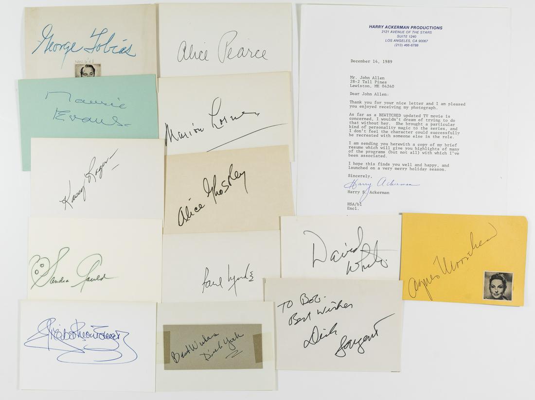 BEWITCHED STARS: Fine lot of thirteen items, primarily 3 1/4" x 5 1/4" cards, signed by the stars and principal cast members of the ABC television sitcom "Bewitched". Present are: ELIZABETH MONTGOMERY, DICK YORK (on a