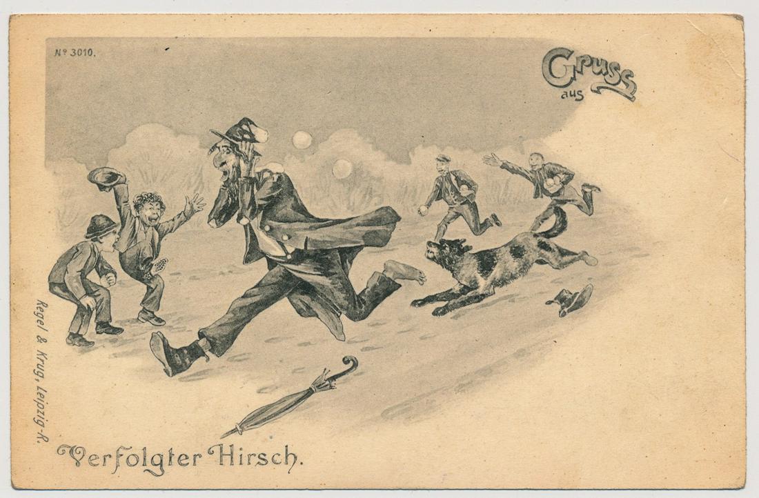 GERMAN ANTI-SEMITIC POSTCARD, CA. 1920: Early German anti-Semitic postcard, ca. 1920, captioned "The Persecuted Hirsch"Â and depicting a "Jew"Â dressed in rags and in flight from a dog and children pelting him with snowballs. Unused.