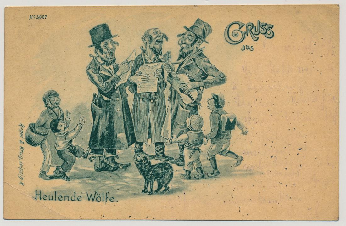 GERMAN ANTI-SEMITIC POSTCARD, 1923: Early German anti-Semitic postcard, 1923, shows a caricature of three unkempt "Jews"Â singing in the street, captioned at bottom: "Howling Wolves"Â Mailed from Breslau to Kattowitz. The name "Wolf"�
