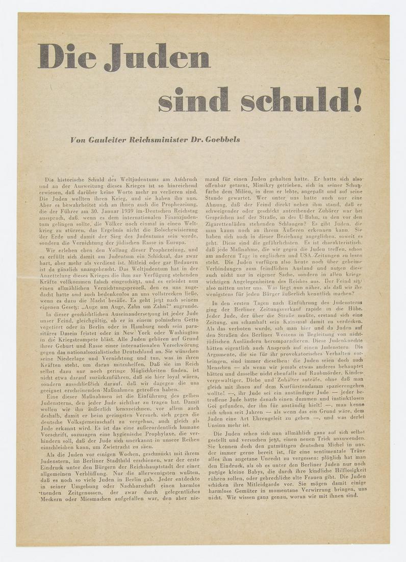 SPECIAL PRINTED EDITION OF JOSEPH GOEBBELS' SPEECH "THE: Printed text of Minister of Propaganda Joseph Goebbels infamous speech as printed in "Das Reich"Â, Nov. 16, 1941. The speech was intended to justify Nazi measures taken against Jewish citizens, inclu