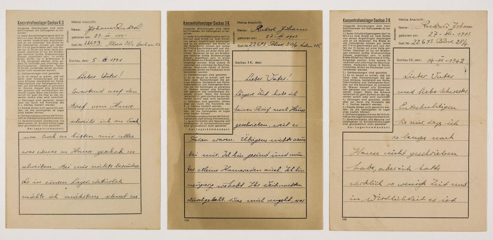 DACHAU CONCENTRATION CAMP PRISONER'S LETTERS (3): Lot of three Dachau concentration camp prisoner's letters on official letter sheets, each 4pp. 8vo., each sheet bearing printed rules for outgoing mail, with censor's stamp and Dachau postmark, Apr. 5