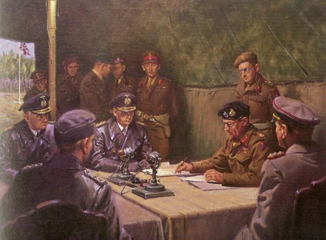 A LARGE COLOR PRINT OF THE GERMAN SURRENDER AT LUNEBURG (1 of 2)