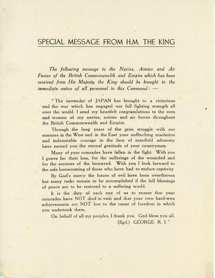KING GEORGE VI VICTORY MESSAGE TO THE ARMED FORCES OF (1 of 2)