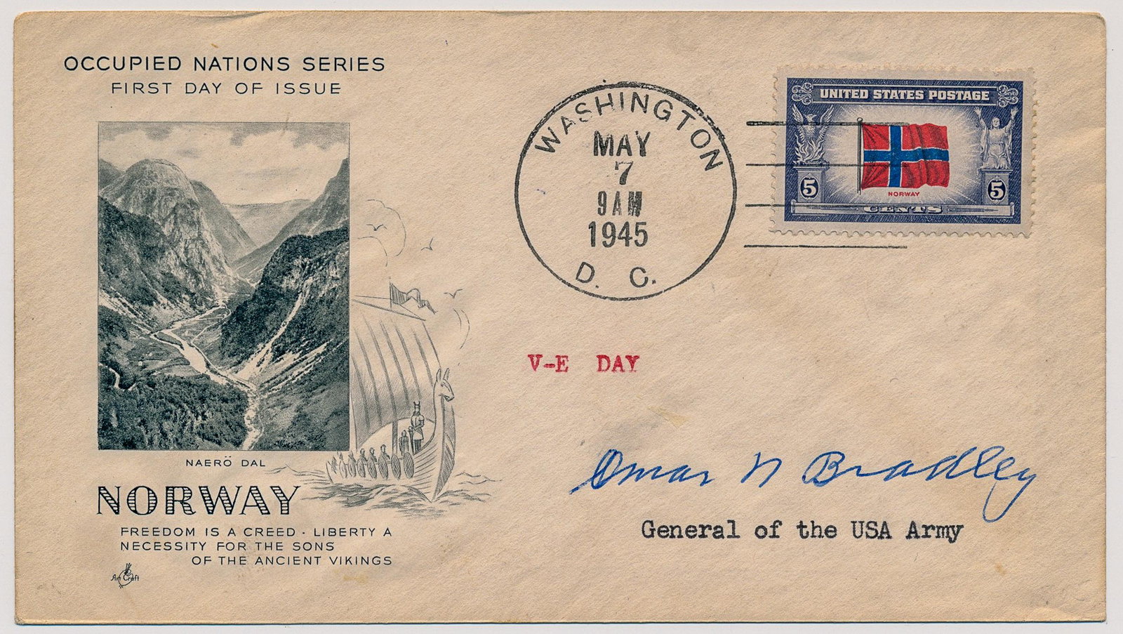 OMAR N. BRADLEY: (1893-1981) American general of World War II who commanded the largest ground force ever led by one man later Chairman of the Joint Chiefs. Probable war-date signed FDC 1p. oblong 12mo. part of an 'Oc