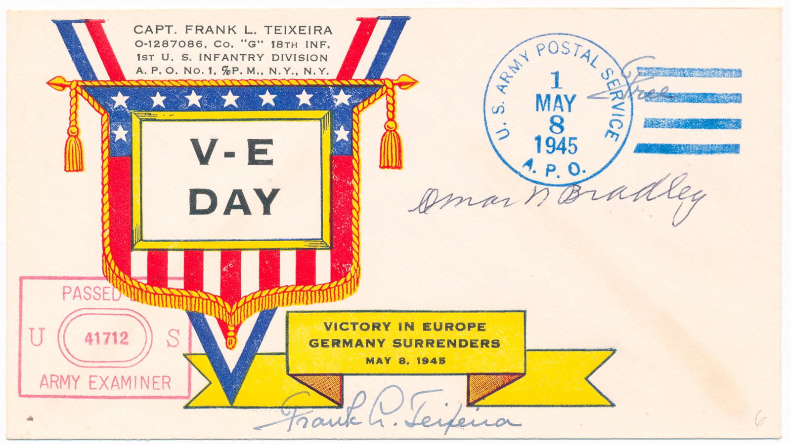 OMAR N. BRADLEY: (1893 - 1981) American general of World War II who commanded the largest ground force ever led by one man later Chairman of the Joint Chiefs. Signed FDC 1p. oblong 12mo. commemorating V-E Day and bear