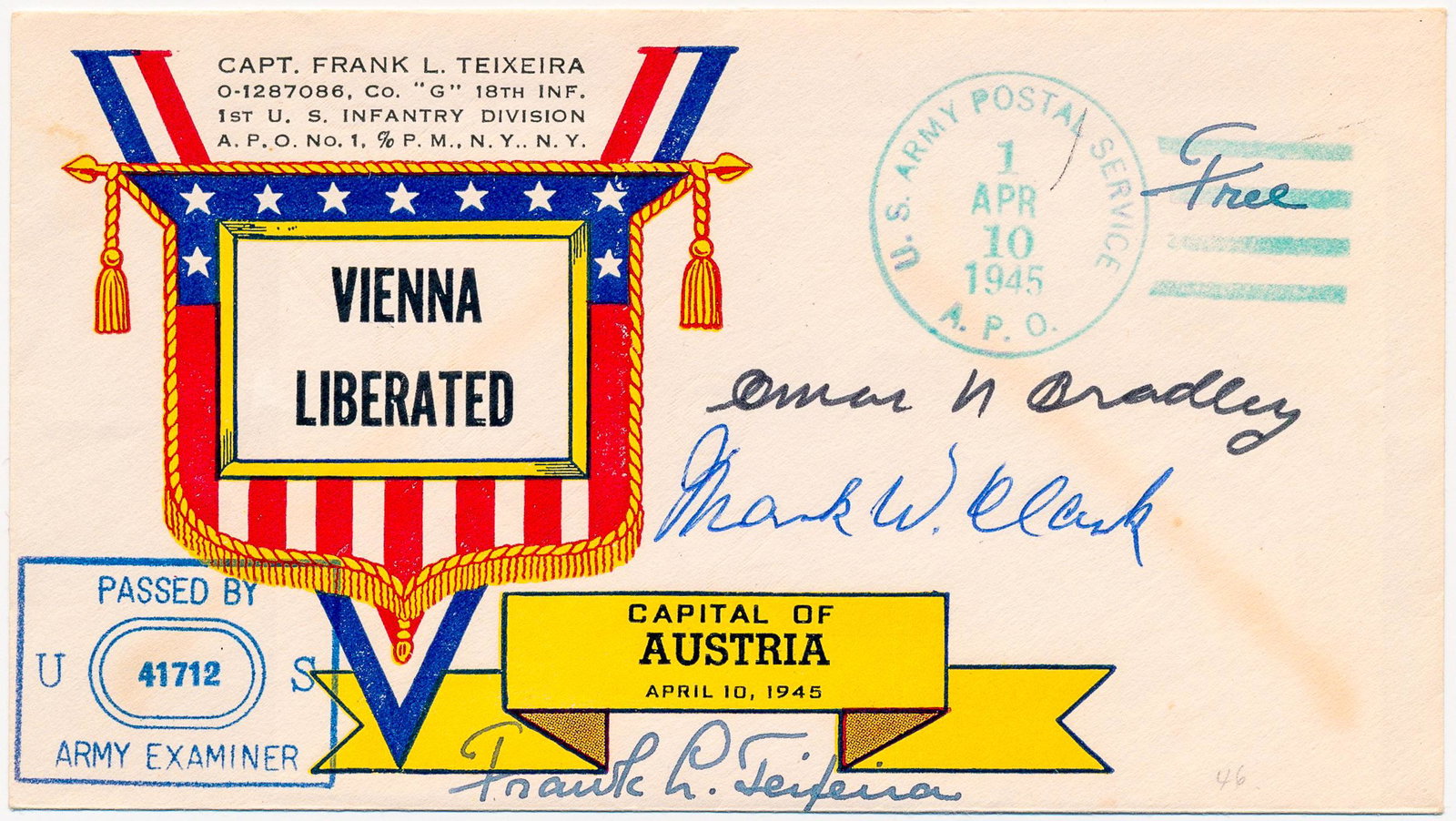 OMAR N. BRADLEY AND MARK CLARK: Signed FDC 1p. oblong 12mo. commemorating the liberation of Vienna and bearing signatures from two of the most renowned American World War II generals: OMAR N. BRADLEY (1893-1981) American general of 