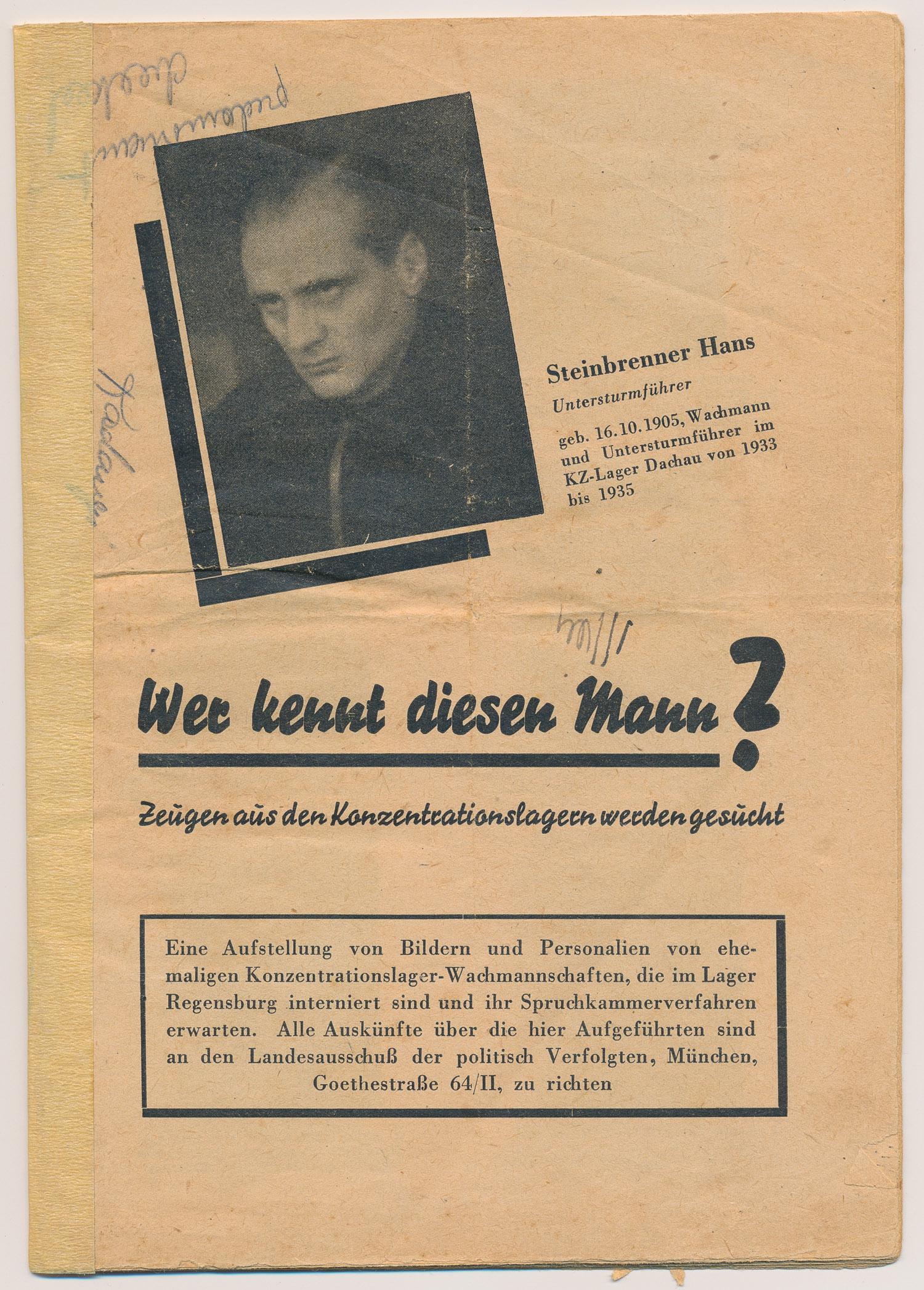 BOOKLET PUBLISHES NAMES, PHOTOS AND CAMPS OF GUARDS: Amazing post-war booklet 8vo. 24pp. titled "Wer kennt diesen Mann?" seeking potential witnesses for the trials of 190 former concentration camp guards then interned in the Regensburg refugee