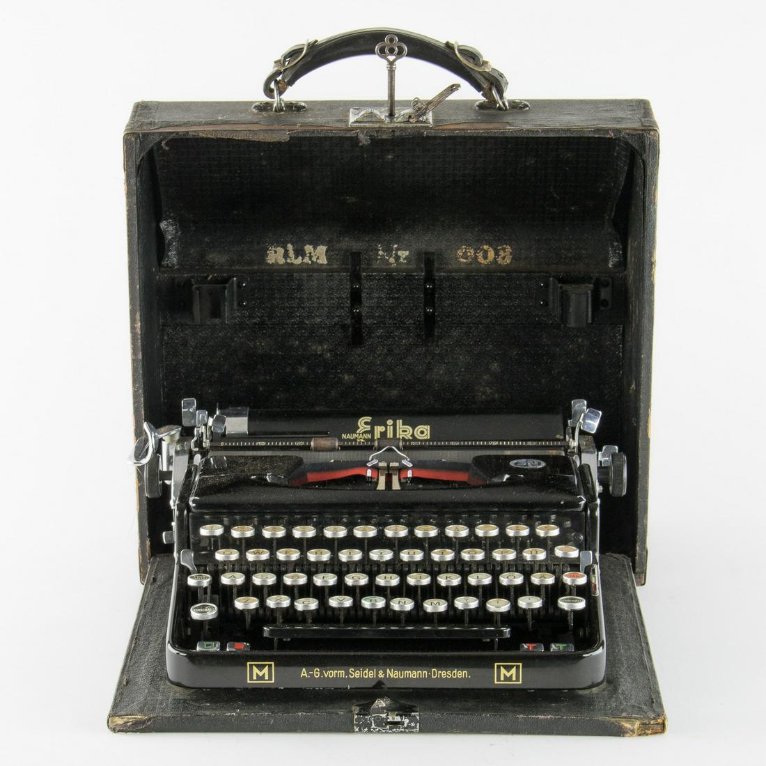 FIELD MARSHAL HUGO SPERRLE'S CASED TYPEWRITER: Ca. 1938 Seidel & Naumann Erika cased typewriter once owned and used by German Field Marshal Hugo Sperrle. The machine is in near mint condition fully operable and with only a very few tiny chips to t