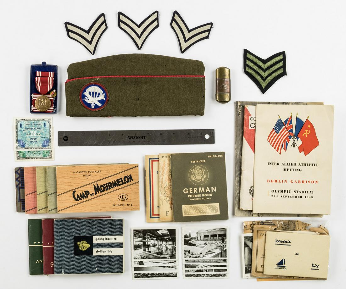 GROUPING FROM IRWIN KARMEL, 681ST GLIDER BATTALION,: Fine grouping of materials from the military service of U.S. soldier Irwin Karmel 681st Glider Field Artillery Battalion 17th Airborne Division including: green paratrooper garrison cap 10.75 in. long