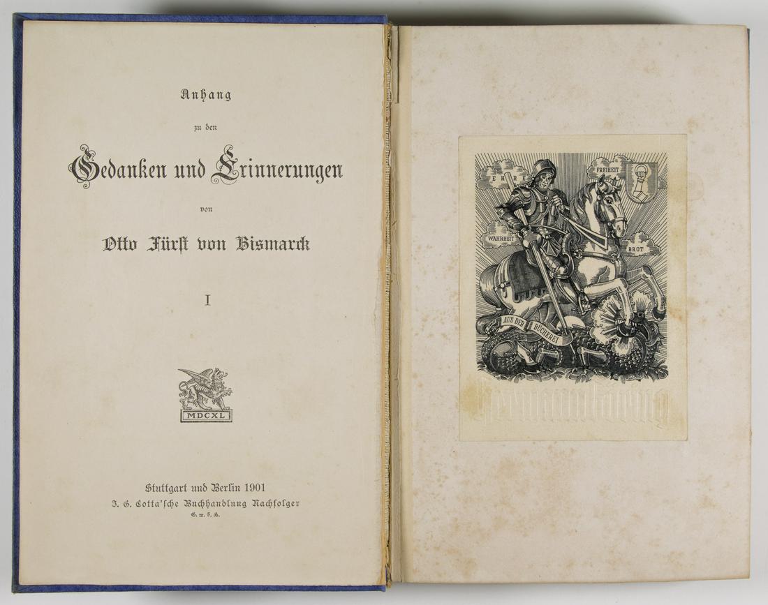 HERMANN GOERING'S COPY OF OTTO VON BISMARCK'S MEMOIR: An incredibly rare find the first volume of Otto von Bismarck's two-volume memoir: "Anhang zu den Gedanken und Erinnerungen von Otto FÃ¼rst von Bismarck" (Stuttgart and Berlin: J.G. Cotta�