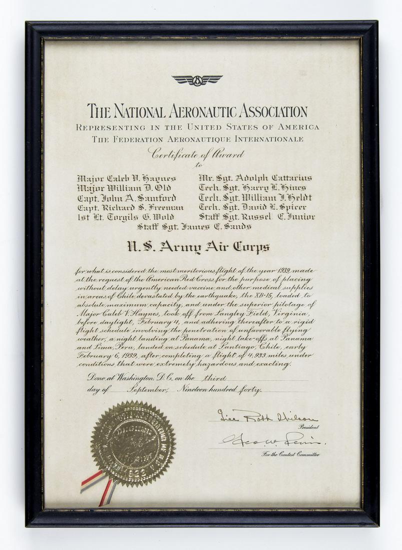 MAJOR GEN. CALEB VANCE HAYNES MERCY FLIGHT CERTIFICATE: National Aeronautic Association Certificate of Award issued to Haynes and the crew of the Boeing XB-15 flown by them 1p. 8.25 x 12.6 (sight) Sep. 3 1940 recognizing their Army Air Corps flight on Feb.