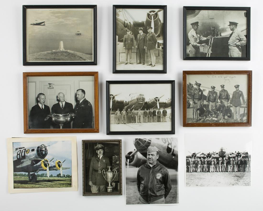 MAJOR GEN. CALEB VANCE HAYNES PHOTOGRAPHS (10): Lot of ten photographs owned and displayed by Gen. Caleb Vance Haynes. Includes: 10 x 8 in. photo of Haynes receiving the Mackay Trophy from Gen. Hap Arnold following his 1939 mercy flight to Chile; 8
