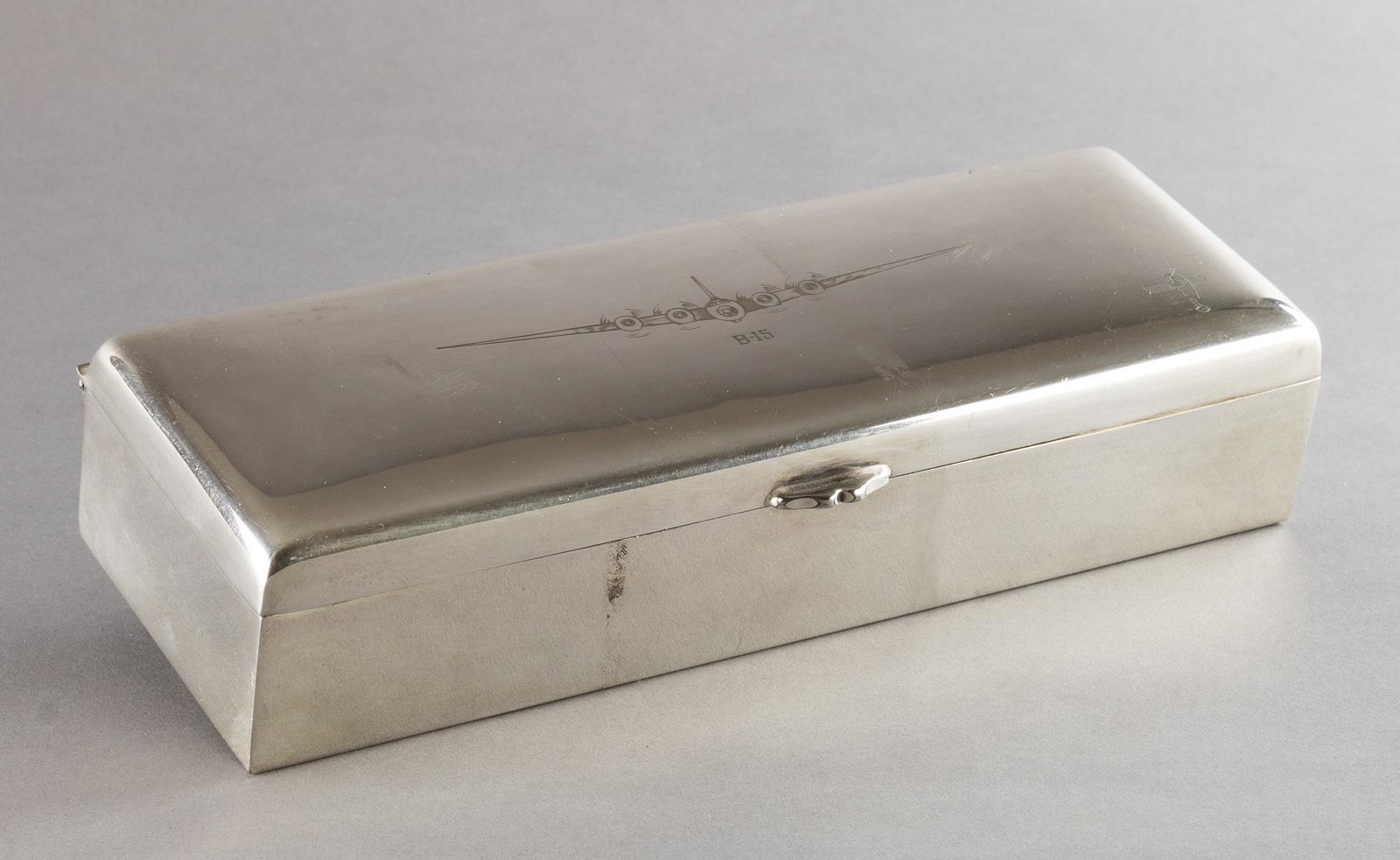 MAJ. GEN. CALEB VANCE HAYNES PRESENTATION CIGARETTE BOX: MAJOR GEN. CALEB VANCE HAYNES PRESENTATION CIGARETTE BOX FROM BOEING Most attractive and important presentation sterling silver cigarette box presented to Chief Pilot and future Major General Caleb Va