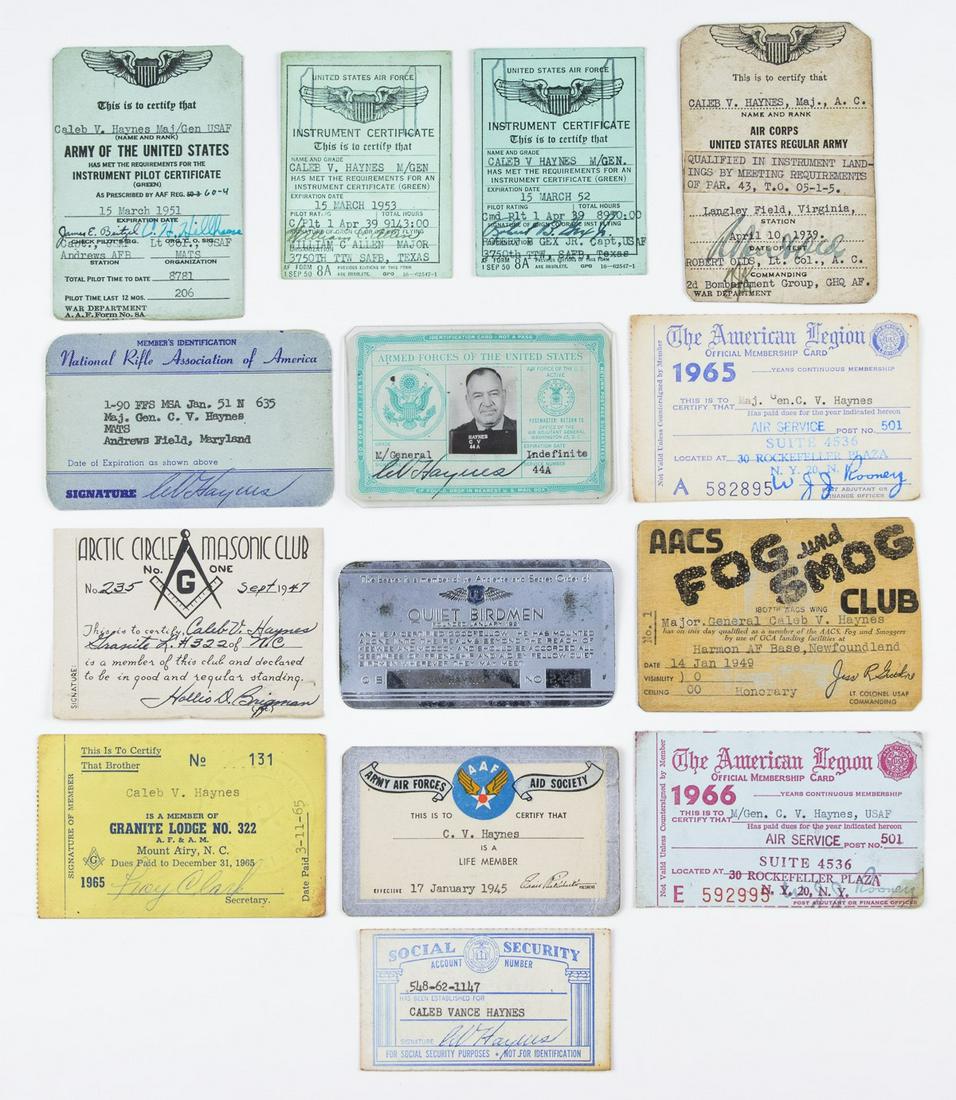 MAJOR GEN. CALEB VANCE HAYNESâ€™ IDENTIFICATION CARDS: Lot of 14 identification cards membership cards and certificates owned by Major Gen. CALEB VANCE HAYNES. Examples signed by Haynes include: U.S.A.F. ID card 1950 (laminated) Social Security card and N