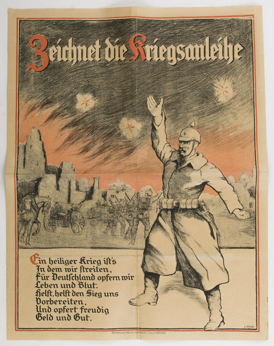 GERMAN WAR BONDS POSTER: "ZEICHNET DIE KRIEGSANLEIHE": Original German propaganda poster 29 x 44 in. bearing the title "Zeichnet die Kriegsanleihe" ("Subscribe to the War Loan") and depicting a standing German soldier in the foreground
