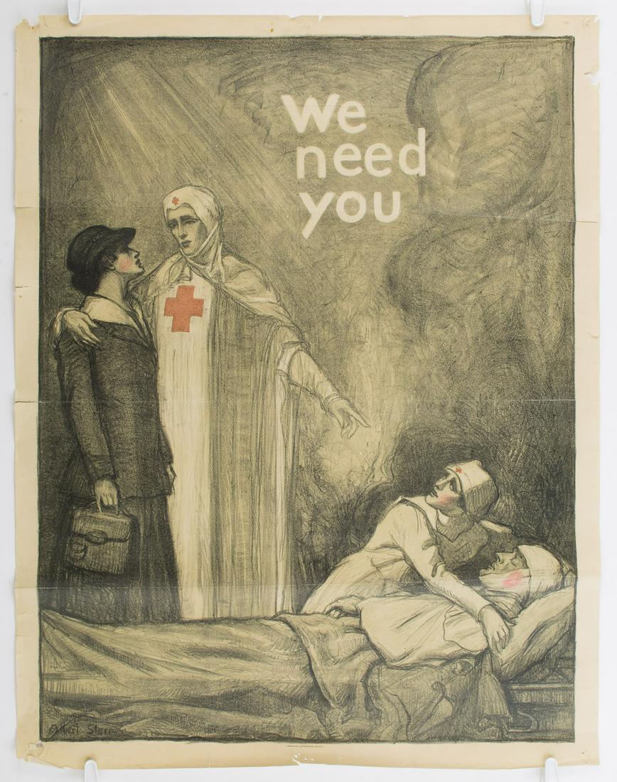 WORLD WAR I MEDICAL POSTER: "WE NEED YOU": Well-illustrated World War I poster 32 x 42 in. ca. 1918 showing a Red Cross nurse appealing to a young woman for help as another nurse tends to a wounded man. The bottom-left corner bears the printed