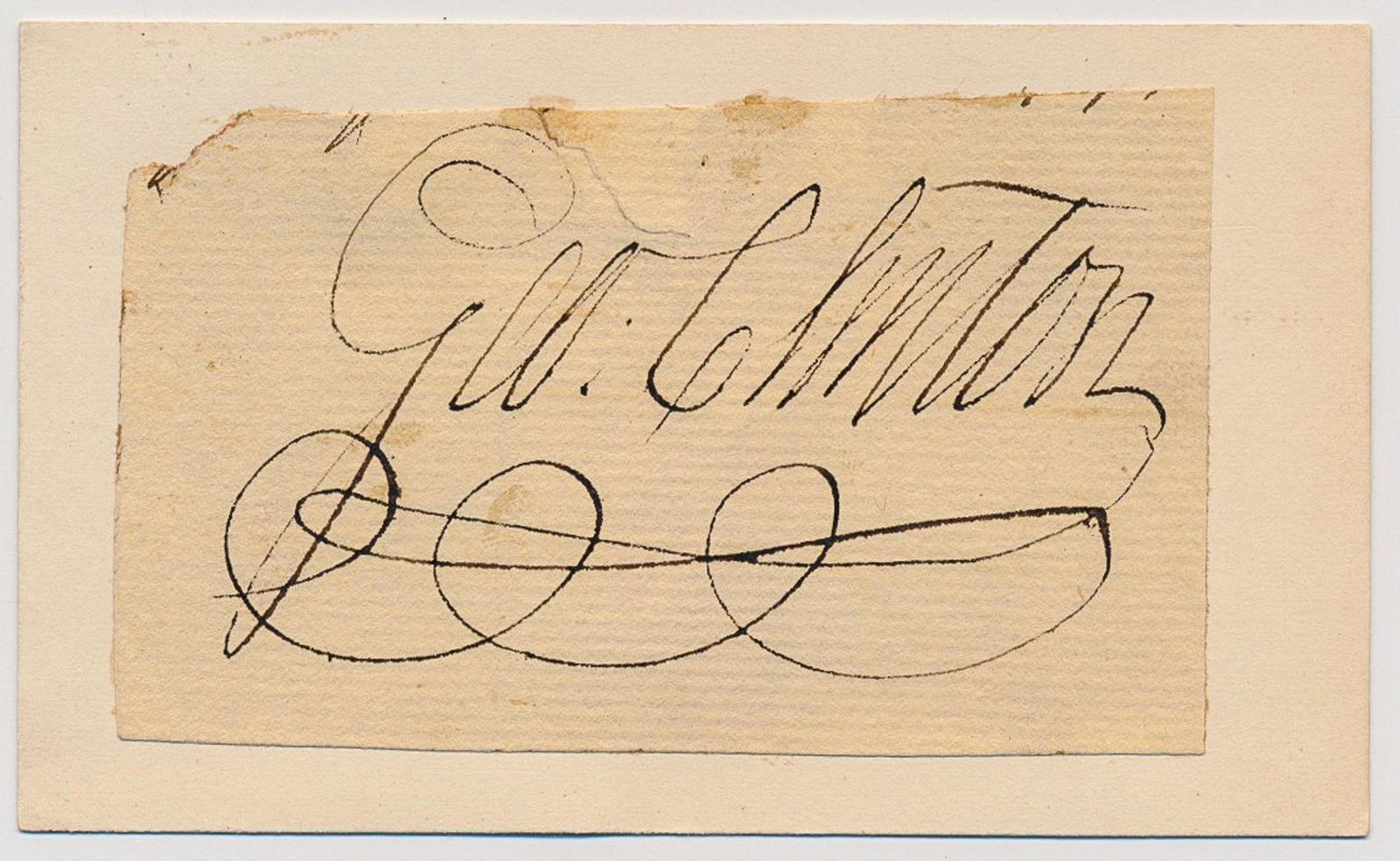 GEORGE CLINTON: (1739 - 1812) Vice President of the United States (1805-12) and Continental Congressman who opposed ratification of the Constitution. Signature cut from a document mounted to a total size of 3.5 x 2.2