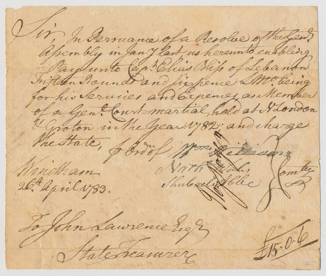 WILLIAM WILLIAMS: (1731-1811) Signer of the Declaration of Independence for Connecticut and member of the Continental Congress. Manuscript D.S. 1p. oblong 8vo. Windham CT Apr. 26 1783 reimbursing a Captain Elias Bliss 
