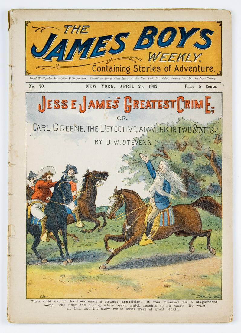 (DIME NOVEL - JESSE JAMES): Scarce "dime novel": "The James Boys Weekly" New York Apr. 25 1902 this issue entitled: "Jesse James' Greatest Crime; or Carl Greene the Detective at Work in Two States".