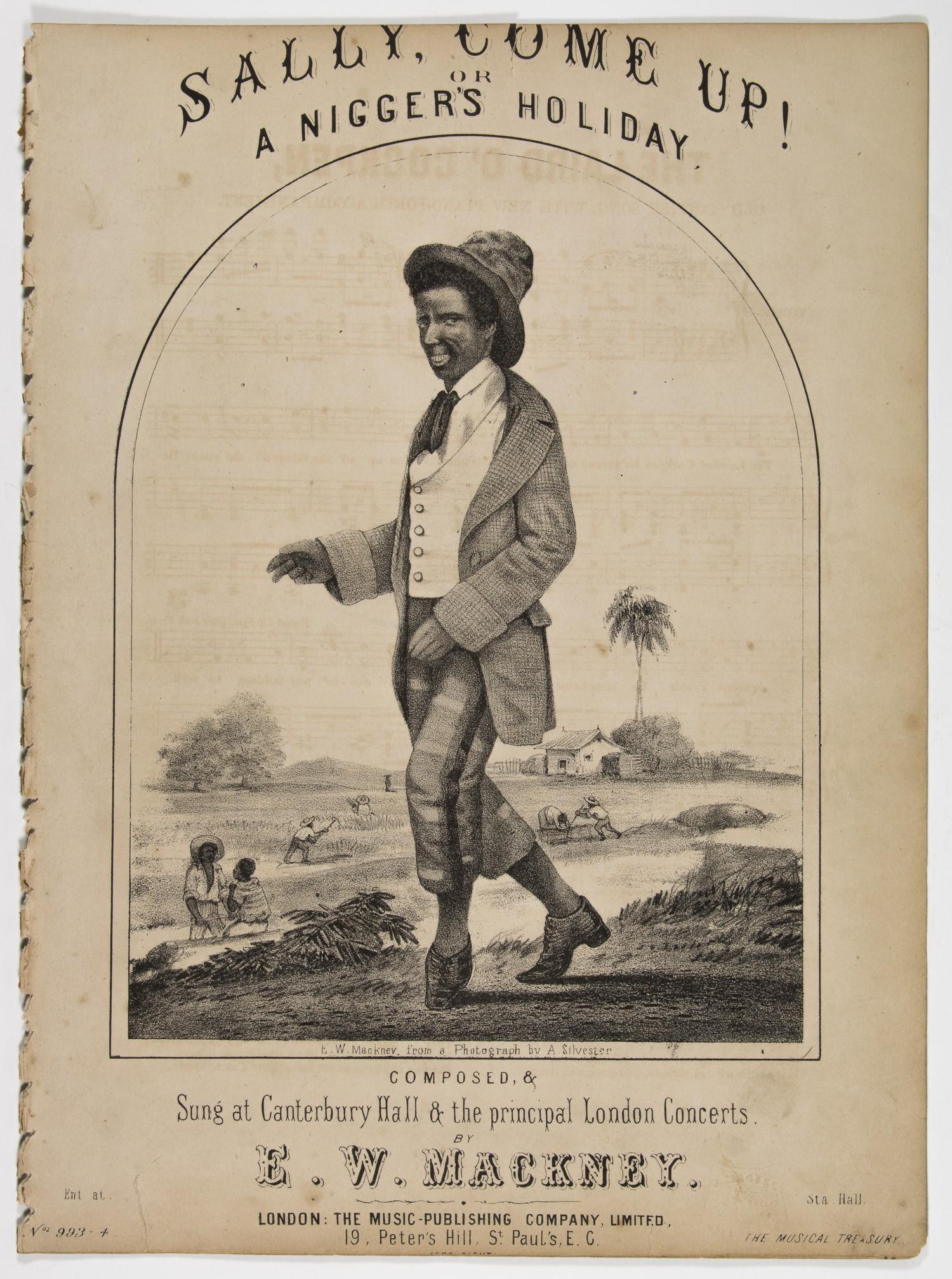 "A NIGGER'S HOLIDAY" SHEET MUSIC: Racist sheet music: "Sally Come Up! Or A Niggerâ€™s Holiday" ca. 1850 published by the Music-Publishing Company London bearing on the front cover a full-body lithographic image of a smi