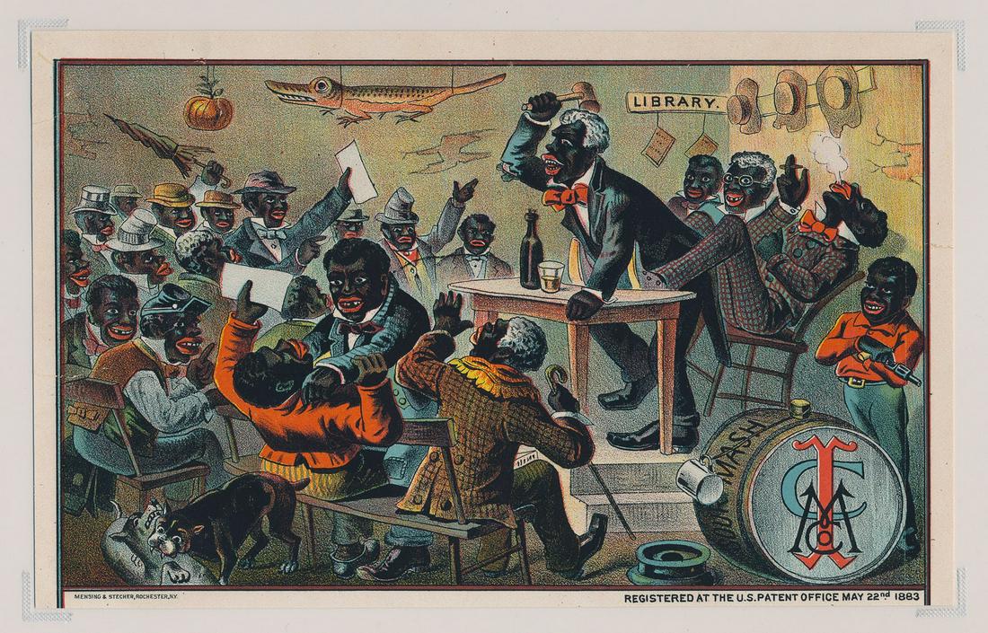 "LIME KILN CLUB" RACIST CIGAR BOX LABEL: Lime Kiln Club 1883 cigar label by Mensing & Stecher of Rochester New York. A lithographed 7.5 x 4.75 in. inner label with an insulting caricature image of a boisterous group of blacks at a lodge meet