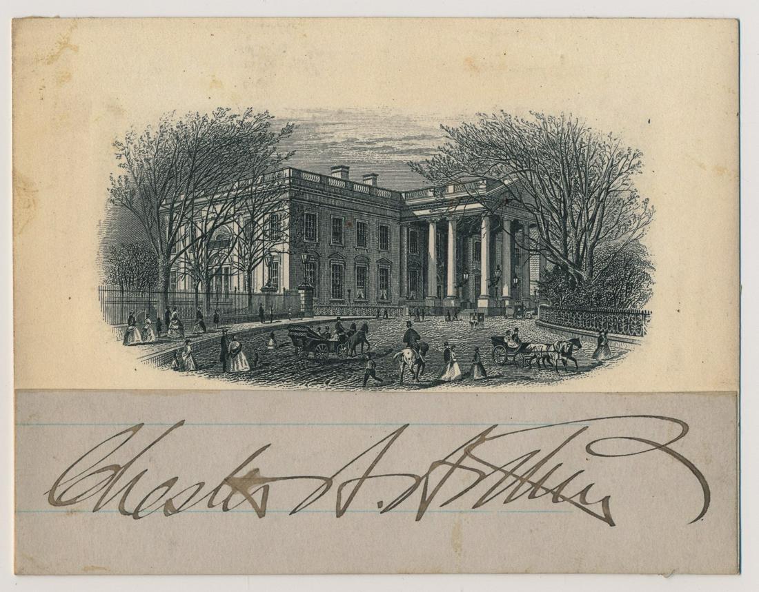 CHESTER A. ARTHUR: (1829 - 1886) Twenty-first President of the United States who took office following the assassination of James Garfield. Bold signature on a slip of paper likely cut from another document affixed to a
