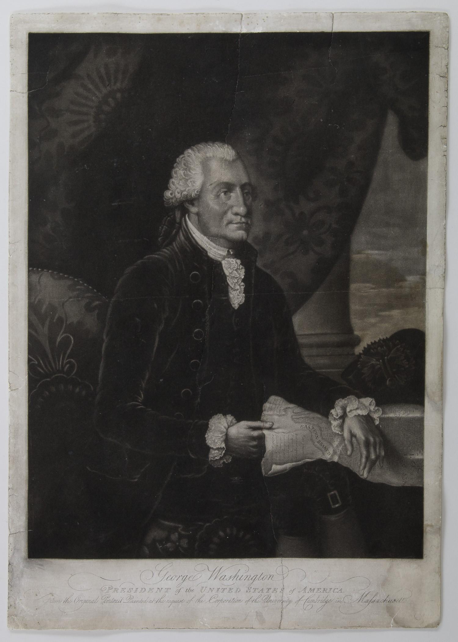 HART NO. 229 MEZZOTINT ENGRAVING OF GEORGE WASHINGTON: An incredibly rare relic a mezzotint engraving of George Washington showing a three-quarter length depiction of Washington seated at a table with legs crossed holding a map of the city of Washington w
