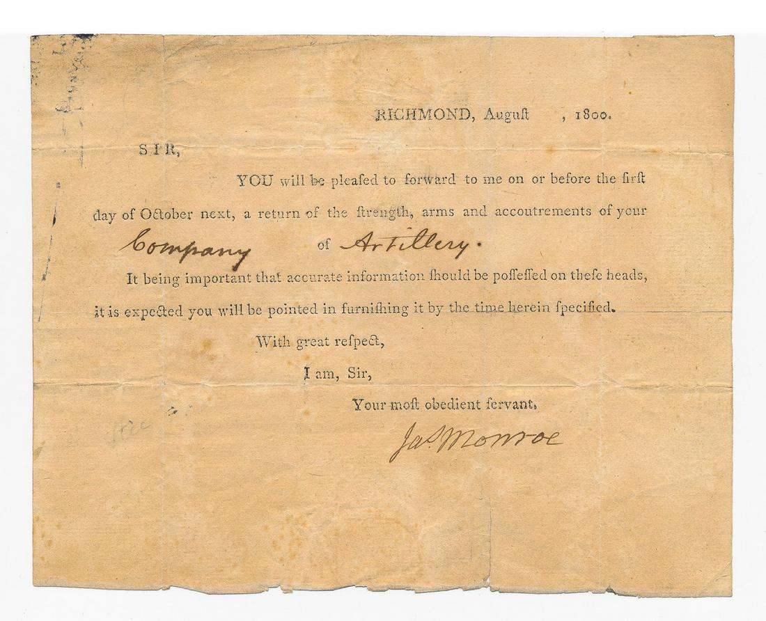 JAMES MONROE: (1758 - 1831) Fifth President of the United States who negotiated the Louisiana Purchase and promulgated the Monroe Doctrine. Partly-printed D.S. "James Monroe" as Governor of Virginia 1p. o