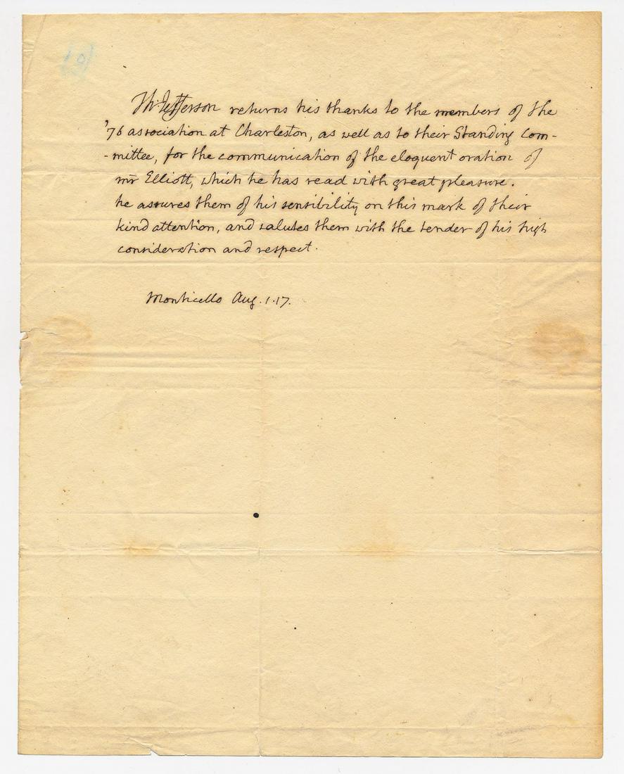 THOMAS JEFFERSON: (1743 - 1826) Third President of the United States author and signer of the Declaration of Independence ceased the importation of slaves to America. Fine content T.L.S. "Th: Jefferson" at th