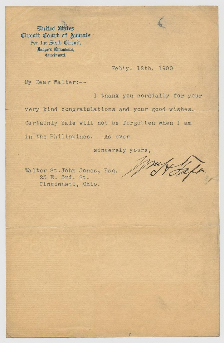 WILLIAM H. TAFT: (1857 - 1930) Twenty-seventh President of the United States and Supreme Court Chief Justice. Good content T.L.S. on U.S. Circuit Court of Appeals letterhead 1p. 8vo. Cincinnati Feb. 12 1900. In part: