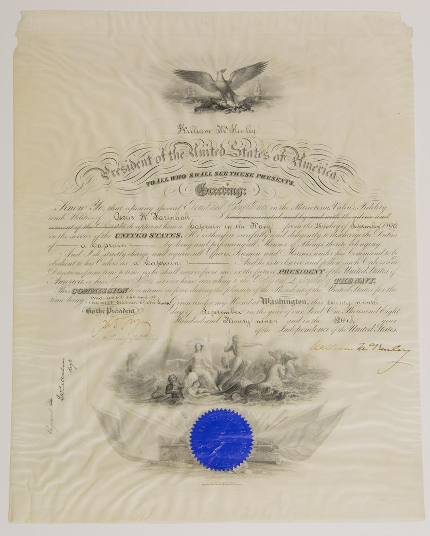 WILLIAM MCKINLEY: (1843 - 1901) Twenty-fifth President of the United States acquired Cuba Puerto Rico Guam and Hawaii assassinated. Partly-printed vellum D.S. as president 1p. 15 x 19 in. Sept. 29 1899 the presidential