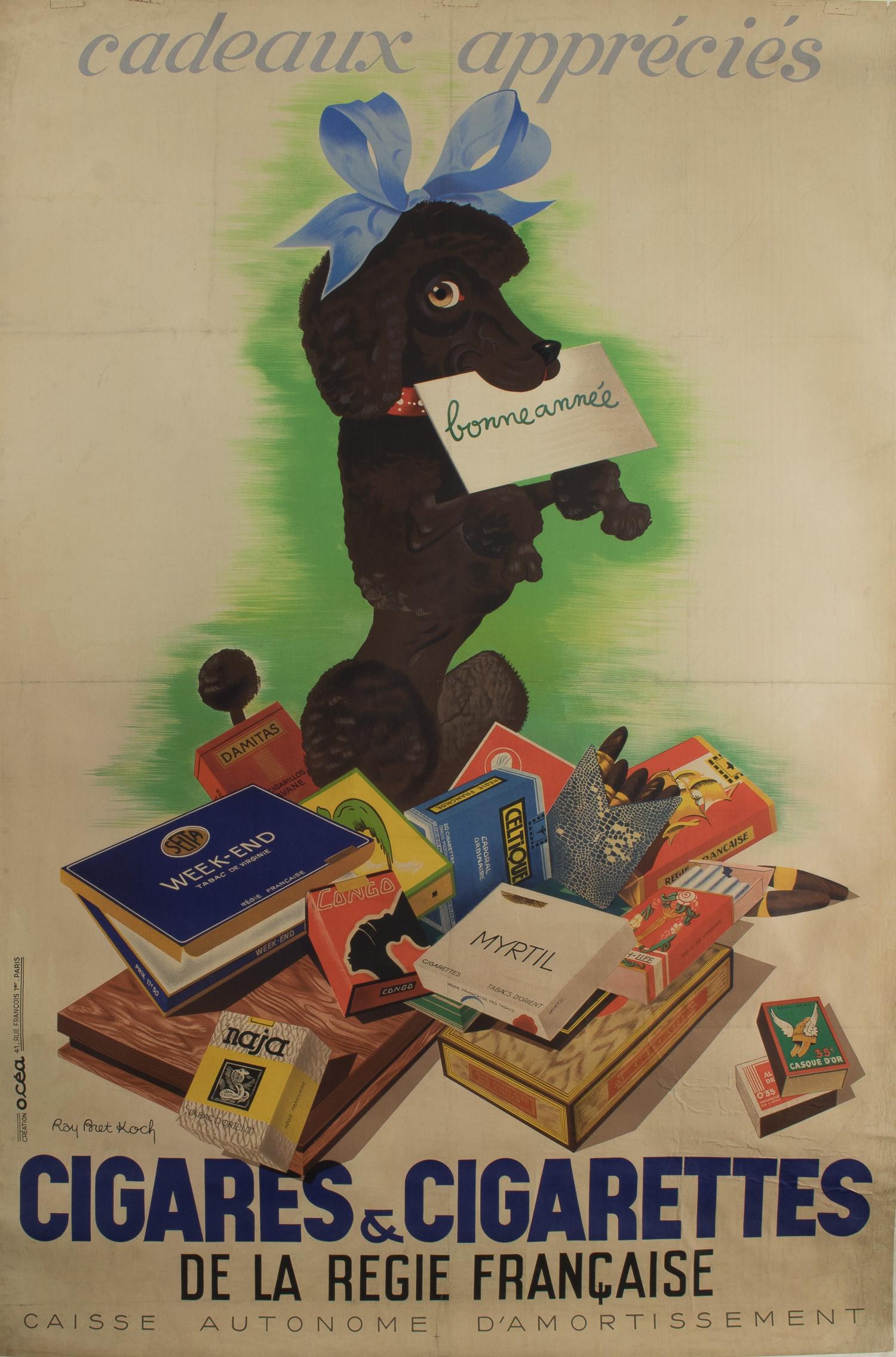 VINTAGE FRENCH CIGARETTE ADVERTISING POSTER: Large French cigar and cigarette advertising poster approx. 40.5 x 60 in. ca. 1930s illustrated by Ray Bret Koch showing a black dog sitting on a pile of tobacco products with a card in its mouth unde