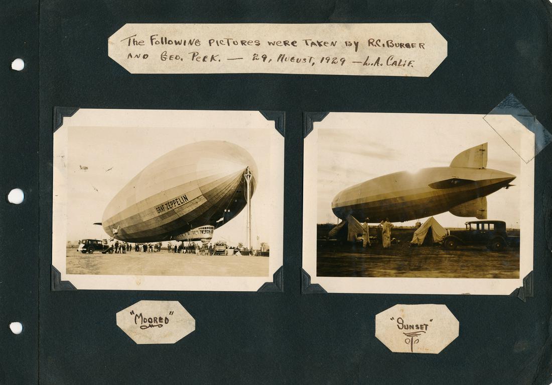 AIRSHIP "GRAF ZEPPELIN" ORIGINAL PHOTOGRAPHS: Nice lot of 12 original photographs of the German airship Graf Zappelin generally about 3 x 5 in. showing the huge zeppelin following its landing and morring in Los Angeles on Aug. 29 1929. The photos