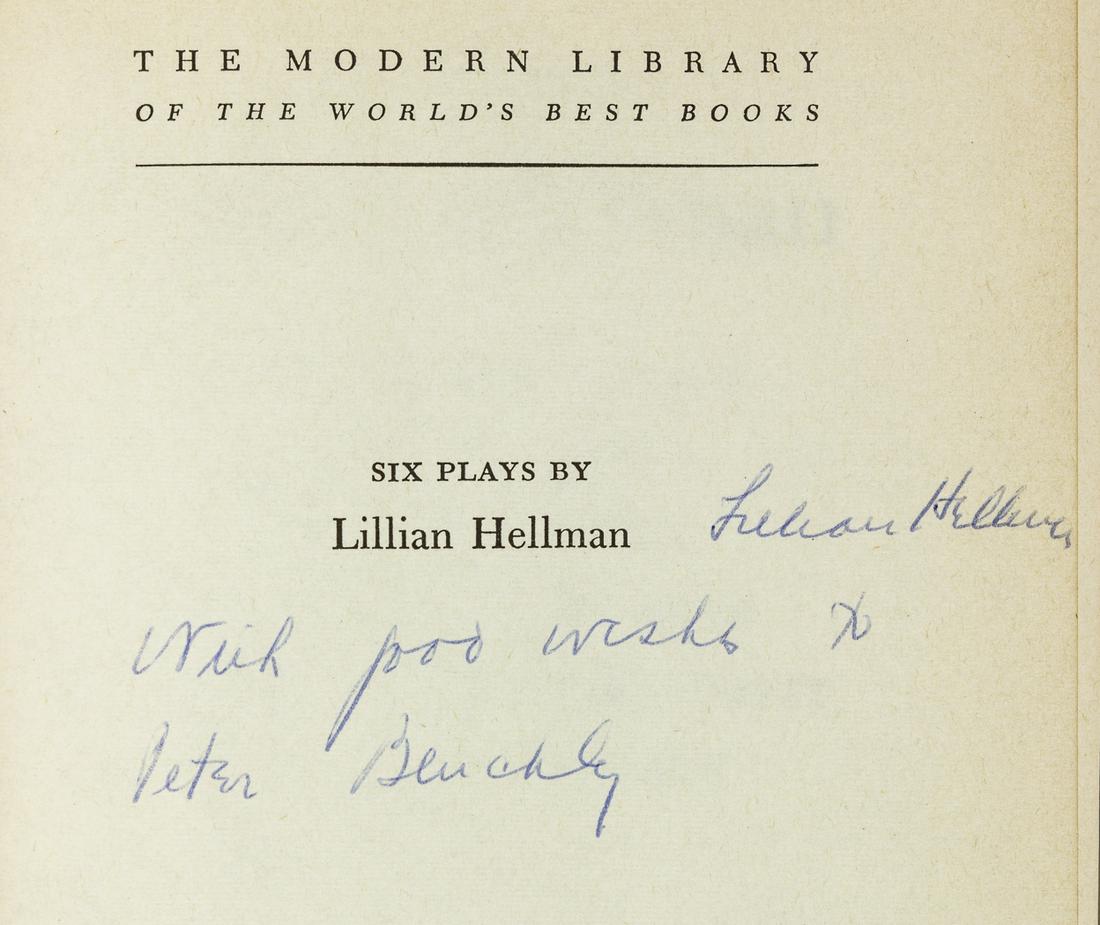 LILLIAN HELLMAN: (1905 - 1984) American dramatist and screenwriter known for her success as a playwright on Broadway as well as her Communist sympathies and political activism. Signed book: "Six Plays by Lillian