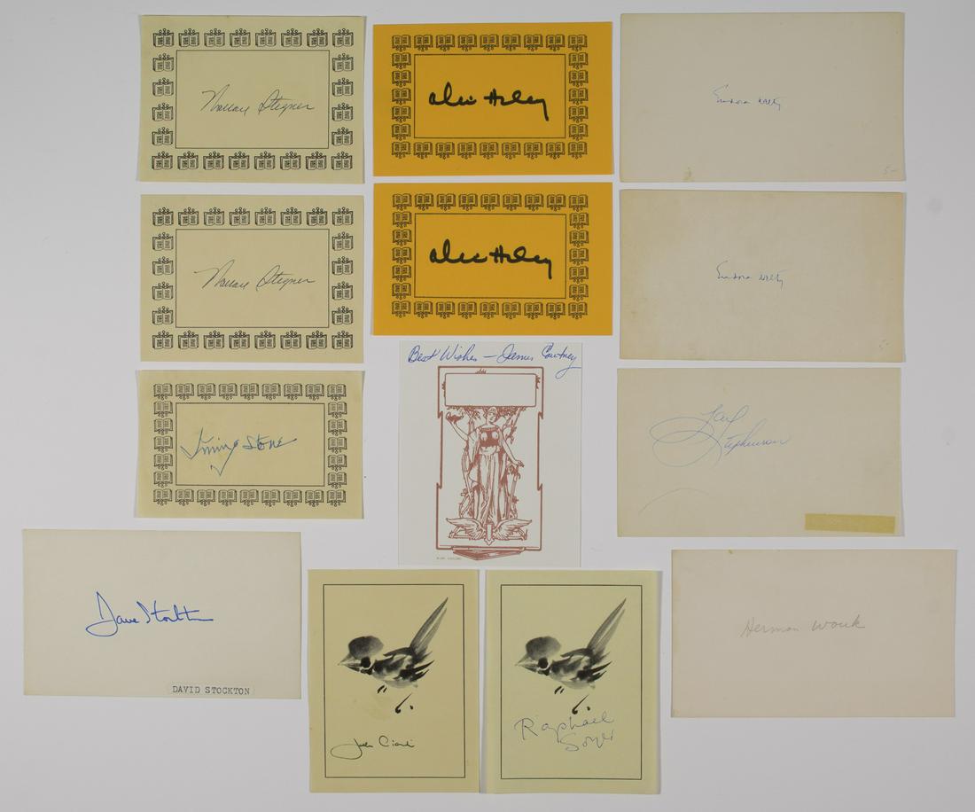 LITERARY AUTOGRAPHS: Lot of thirteen autographs most literary including IRVING STONE JAMES COURTNEY DAVID STOCKTON JAY STEPHENSON HERMAN WOUK ALEX HALEY (2) WALLACE STEGNER (2) also artist RAPHAEL SOYER and three unidenti