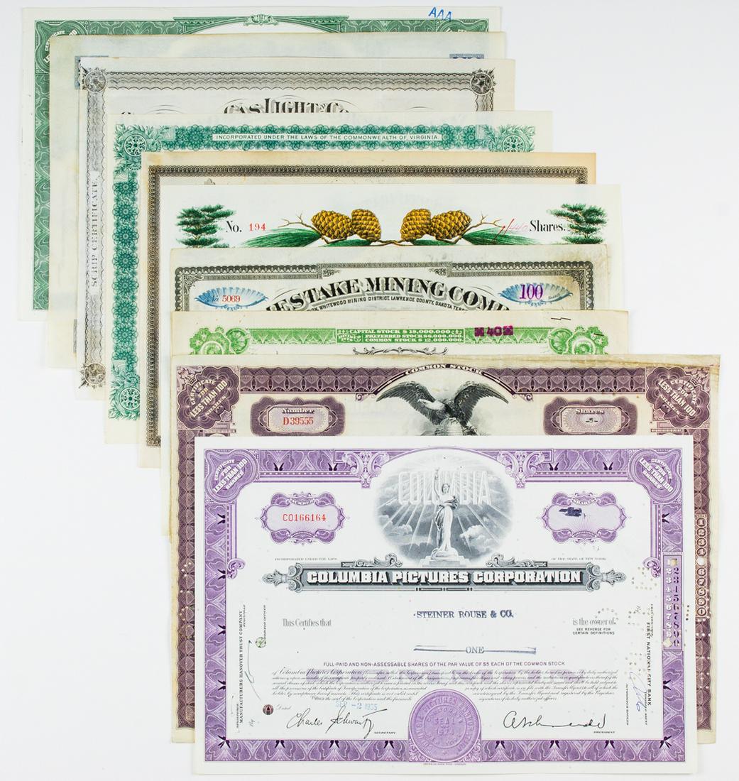 (STOCK CERTIFICATES): Lot of ten attractive early stock certificates a few a bit scarce including: Homestake Mining Company Nov. 3 1885 100 shares cancelled; American Dredging Company Philadelphia Sep. 4 1894 ten shares ca