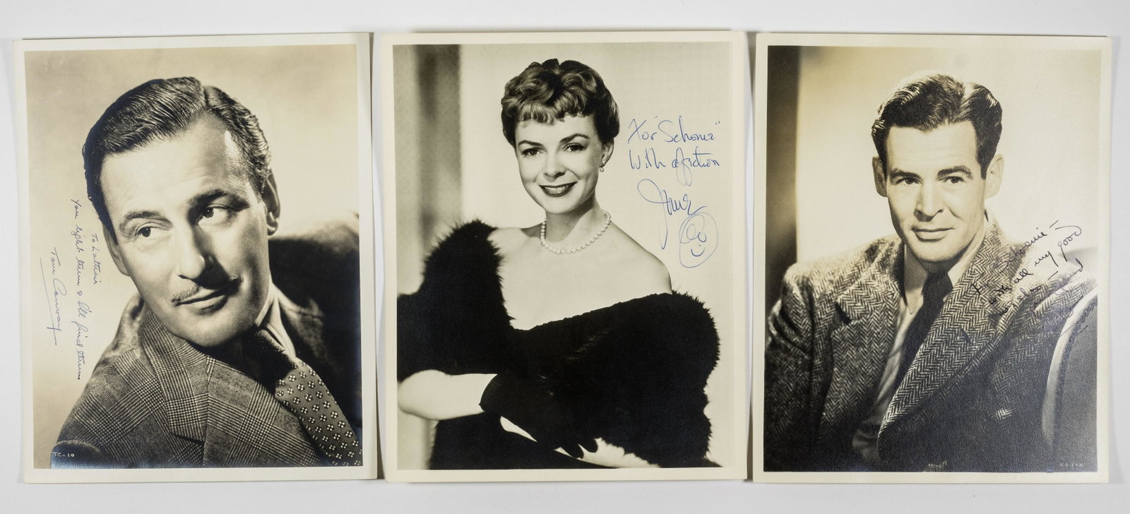 (HOLLYWOOD): Great lot of seven 8 x 10 in. b/w vintage inscribed signed photos of various Hollywood stars all inscribed to an RKO lighting technician. Included is: GEORGE BRENT ROBERT RYAN (signed as "Bob&quo