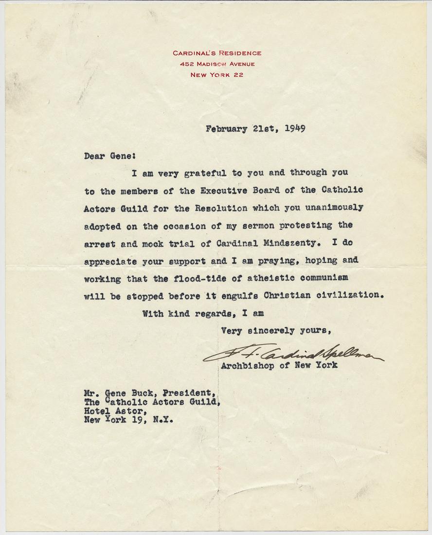 FRANCIS SPELLMAN: (1889- 1967) American bishop and cardinal of the Catholic Church. From 1939 until his death in 1967 he served as the sixth Archbishop of New York. Great anti-communist content T.L.S. on "Cardinal