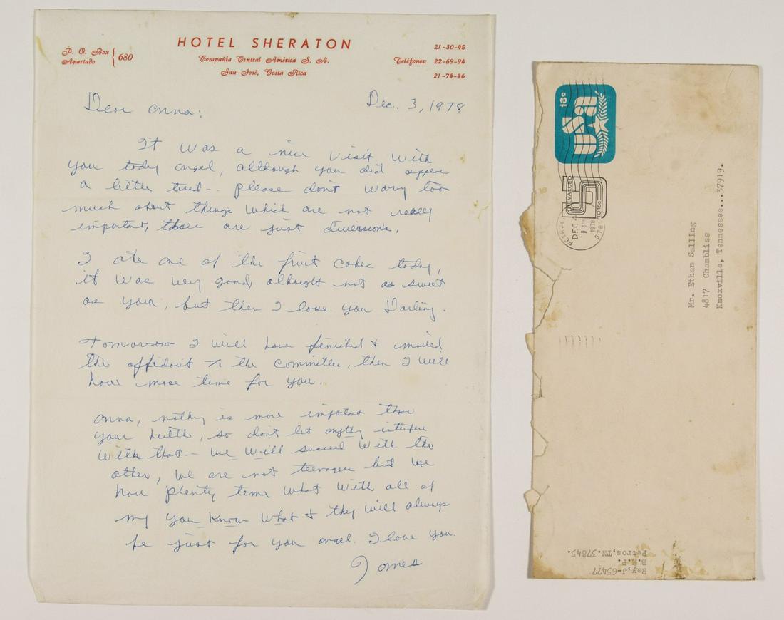 JAMES EARL RAY: (1928 - 1998) Assassin of Martin Luther King whom he killed in Memphis in 1968. A.L.S. â€œJames” on Hotel Sheraton letterhead 1p. 4to. [Brushy Mountain State Penitentiary Petros TN] Dec. 3 1