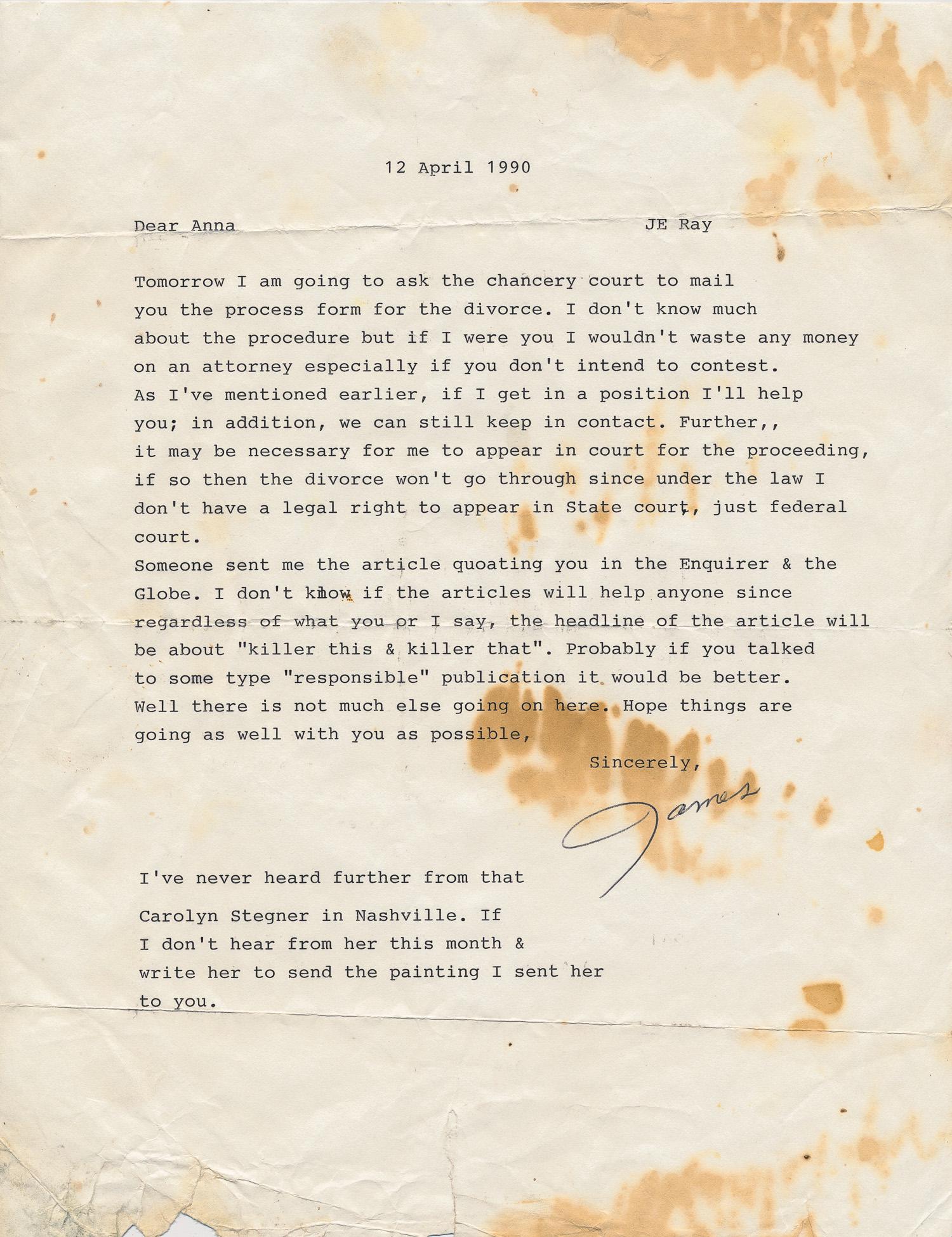 JAMES EARL RAY: (1928 - 1998) Assassin of Martin Luther King whom he killed in Memphis in 1968. Good content A.L.S. â€œJames” 1p. 4to. [Tennessee State Penitentiary Nashville TN] Apr. 12 1990 to his wife An